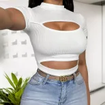 Hollow Out Half High Neck Slim Fit T Shirt for Women Short Sleeve Sexy Style Summer Fashion Whol