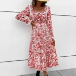 Red Floral Long Sleeve Dress Elegant Design Perfect for Valentines Day Spring and Autumn Wear Wh