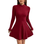 Womens A Line Dress Slim Fit Half Turtleneck Long Sleeve Ribbed Fabric Spring Summer Fashion Who