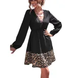 Leopard Print V Neck Color Block Dress Versatile Style for Casual Wear Available for Wholesale b