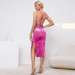 Sleeveless Backless Velvet Bodycon Dress Sexy Split Design Elegant Style Spring Summer Collectio