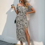 Zebra Print Puff Sleeve Off Shoulder Dress High Slit Elegant Design Perfect for Parties and Even