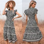 Vintage Floral Ruffle Hem Dress Slim Fit Bohemian Style Summer Wear Available for Wholesale OEM