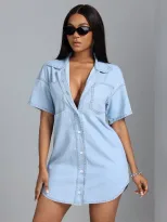 Loose Fit Denim Shirt Short Sleeve Lapel Collar Casual Style Perfect for Summer Wear Ready to Sh