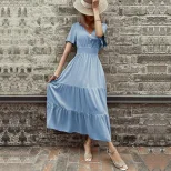 Elegant Summer V Neck Ruffled Hem Dress Slim Fit Solid Color Versatile Style Perfect for Casual