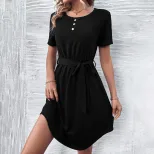 Casual Solid Color Dress Womens Fashion Versatile Style Comfortable Fit Perfect for Daily Wear W