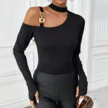 Womens Knitted Long Sleeve Top Sexy Halter Neck Slim Fit Lightweight Fabric Spring Summer Fashio