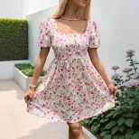 Summer Floral Print Dress Sweet Puff Sleeves Square Neckline Lightweight Fabric Perfect for Casu
