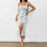 Floral Print A Line Midi Dress Fresh Style High Waist Sleeveless Summer Casual Wear Wholesale Av