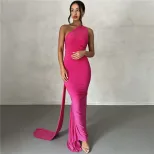 Backless Halter Dress Fitted Pleated Floor Length Elegant Design Evening Party or Formal Occasio
