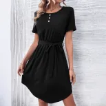 Casual Solid Color Dress Womens Fashion Versatile Style Comfortable Fit Perfect for Daily Wear W