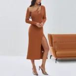Womens Irregular Hollow Out Bodycon Dress Solid Color Asymmetrical Shoulder Fashionable Elegant