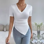 Womens Fashion Top Sexy V Neck Slim Fit Asymmetrical Hem Short Sleeve Stylish and Versatile for