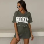 Loose Fit Printed Black T Shirt for Women Summer Style Round Neck Casual Wear Wholesale Availabl