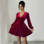 Vintage Style Burgundy Velvet A Line Dress V Neck Lantern Sleeves Slim Fit Ruffled Cocktail Part
