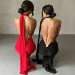 Backless Halter Dress Fitted Pleated Floor Length Elegant Design Evening Party or Formal Occasio