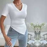 Womens Fashion Top Sexy V Neck Slim Fit Asymmetrical Hem Short Sleeve Stylish and Versatile for
