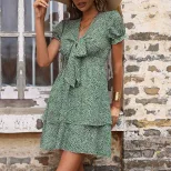 Summer Floral Cake Dress Waist Defined Bow Detail Green Color Perfect for Parties and Casual Out
