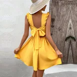 Summer Womens Beach Dress Sexy Backless Waist Cinching Flared Sleeveless Perfect for Vacation or