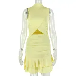 Solid Color A Line Dress for Women Ruffled Waist Hollow Out Design Short Sleeve Casual Style Who