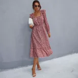 Floral Print Long Sleeve Dress Square Neck Spring Fashion Womens Apparel Wholesale Available