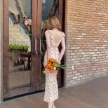 Retro Square Neck Rose Backless Dress Sweet and Spicy Style Autumn Collection Wholesale Availabl