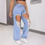 Fashionable Womens Distressed Wide Leg Straight Leg Jeans Casual Style Trendy Design Comfortable