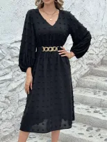French V Neck Long Sleeve Dress Stylish Pom Detail Chic Casual Wear for Women Ready to Ship OEM