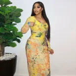 Vintage Floral Bodycon Dress for Women Long Sleeve Round Neck Slim Fit Versatile Style Perfect f