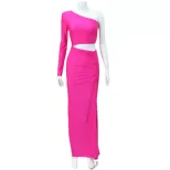 Off Shoulder Long Sleeve Hollow Out Bodycon Dress High Waist Solid Color Sexy Style Evening Part