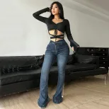 Slim Fit Long Sleeve T Shirt Unique Design Sexy Hollow Out Short Crop Style Spring Summer Womens