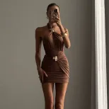 Womens Bodycon Dress Stylish Halter Neck Metal Buckle Solid Color Pleated Design Perfect for Fal