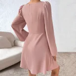 A Line Dress Waist Defined Puff Sleeves Square Neck Sweet Style for Autumn and Winter Wholesale