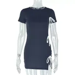 Fashionable Womens Bodycon Dress Ruffled Design Tie Waist High Neck Short Length Split Hem Perfe