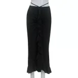 Elegant French Style High Waisted Midi Skirt Slim Fit Ruffled Hem Lace Up Design Perfect for Cas