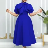 Summer Womens Short Sleeve Bow Tie A Line Party Dress Elegant Design Comfortable Fabric Versatil