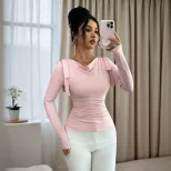 Womens Slim Fit Long Sleeve T Shirt Stylish Solid Color Ruffled Neckline Versatile for Spring an