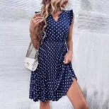 Polka Dot Ruffled Dress V Neck Short Sleeve Lightweight Fabric Casual Summer Wear Wholesale Avai