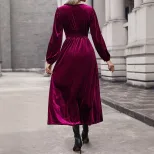 Long Sleeve Velvet Dress for Women Solid Color Elegant Design Autumn Winter Wear