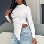 Womens Long Sleeve Fitted T Shirt Solid Color Ruffled Design Irregular Hem Street Style Casual W