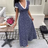 Floral Print Lace Trimmed V Neck Short Sleeve Dress Sweet Vacation Style Ideal for Summer Events