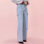 High Waisted Wide Leg Denim Trousers Loose Fit Utility Pockets Casual Style Womens Fashion Ready