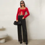 Womens Vintage Sexy Crop Top Slim Fit Long Sleeve Midriff Baring Spring Summer Fashion Wholesale