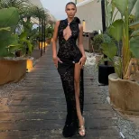 Fashionable Womens Bodycon Dress Hollow Lace Patchwork High Slit Sexy Design Spring Summer Colle