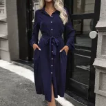 Long Sleeve Shirt Dress Solid Color Casual and Commuter Style Available in Navy Blue and Black Wholesale with Low MOQ