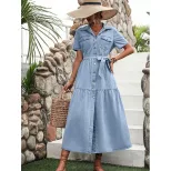 Elegant V Neck Denim Dress Womens Fashion European and American Style Chic Design Perfect for Ca