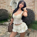 Floral Print Crop Top and Puff Skirt Set Sexy Elegant Spring Womens Fashion for Casual Outings W
