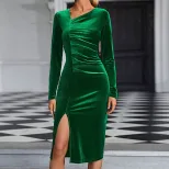 Velvet Midi Dress Long Sleeve V Neck Pleated Design Elegant Casual for Autumn Winter Wholesale A