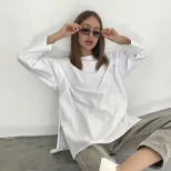 Loose Fit Long Sleeve Split T Shirt for Women 100 Cotton Solid Color Casual Style Spring Summer