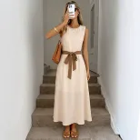 Sleeveless A Line Dress with Beaded Round Neckline in Apricot for Elegant Occasions in Multiple Sizes